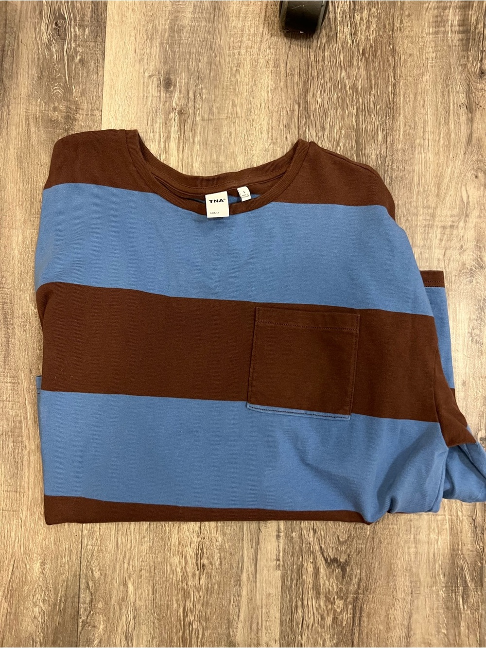 TNA Men's Wide Blue and Brown Striped Long Sleeve Pocket Tee